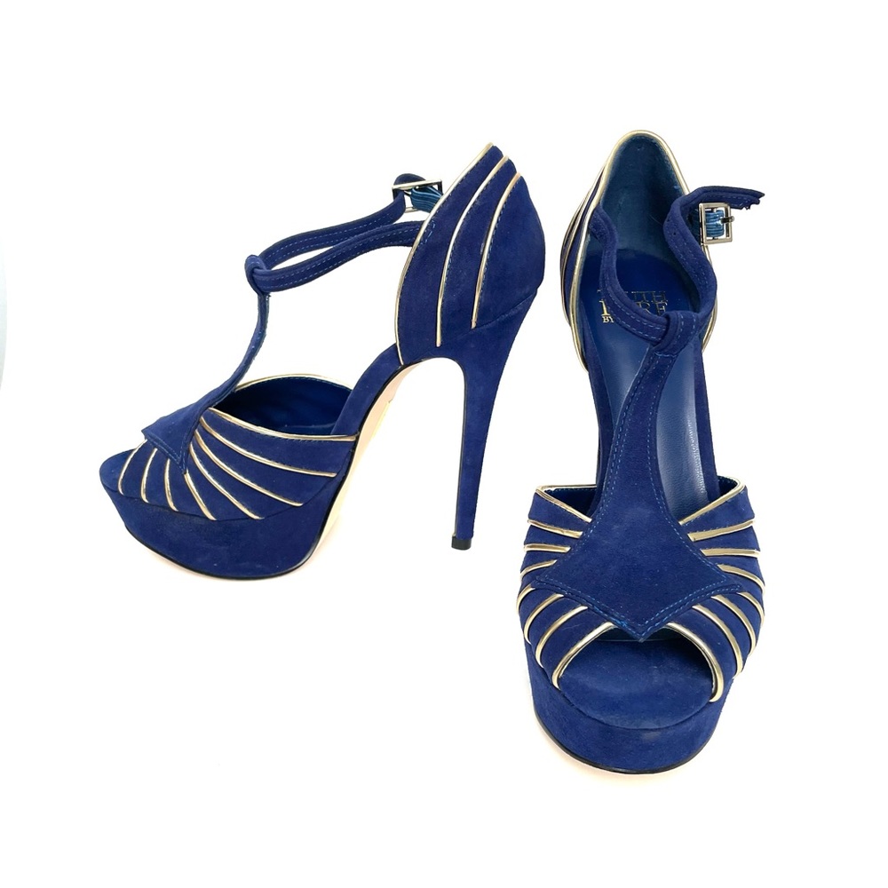 Blue with Gold Suede Open Toe Platform Stiletto Heels Size 6, Truth or Dare